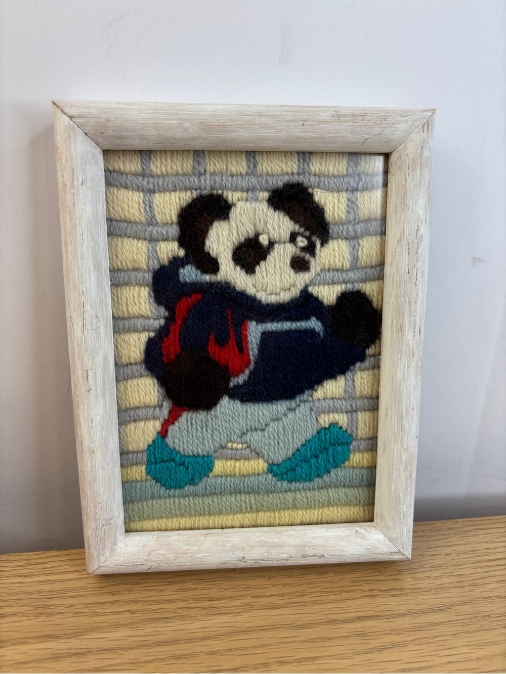 Vintage Handmade Panda Crewel Wallโ Art - Blue, Teal, Cream and Red